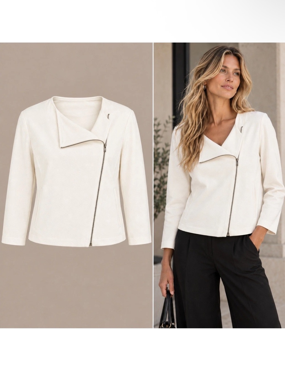 NWOT Eileen Fisher Cream Asymmetrical Zip Jacket Minimalist Modern Size Large